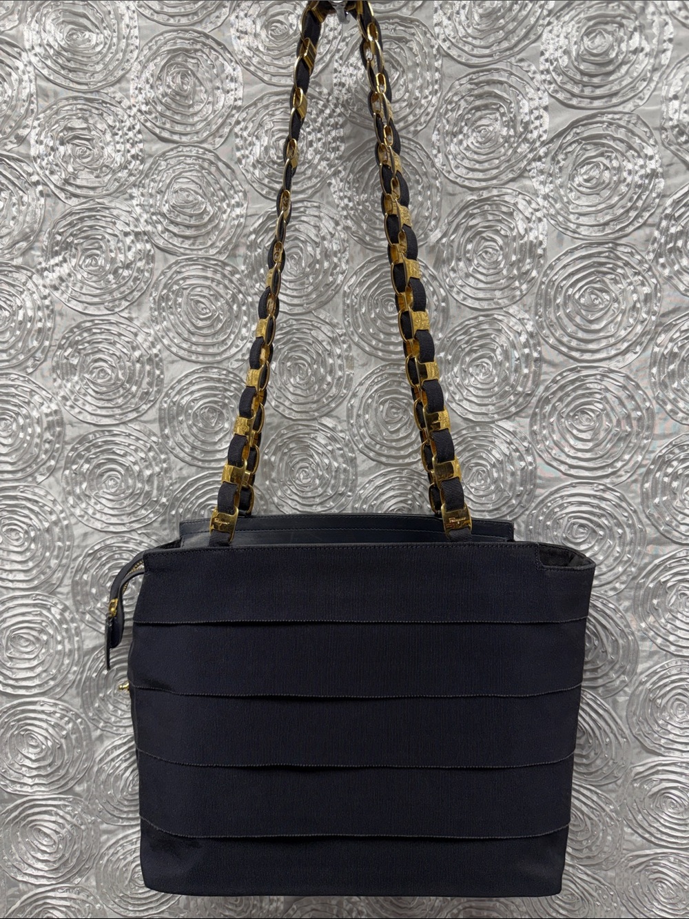 Salvatore Ferragamo Tiered Canvas & Leather Bag with Gold-tone Gancini Chain S